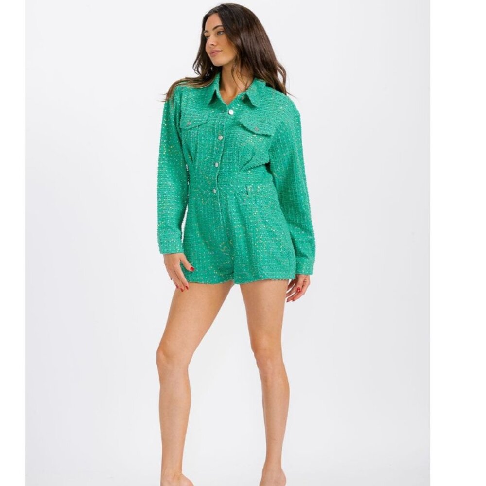 Textured Green Long-Sleeve Romper - Picture 2 of 5